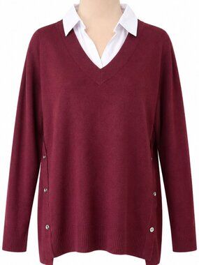 DENIM & CO Collared Two-fer Burgundy V-Neck Sweater NWT